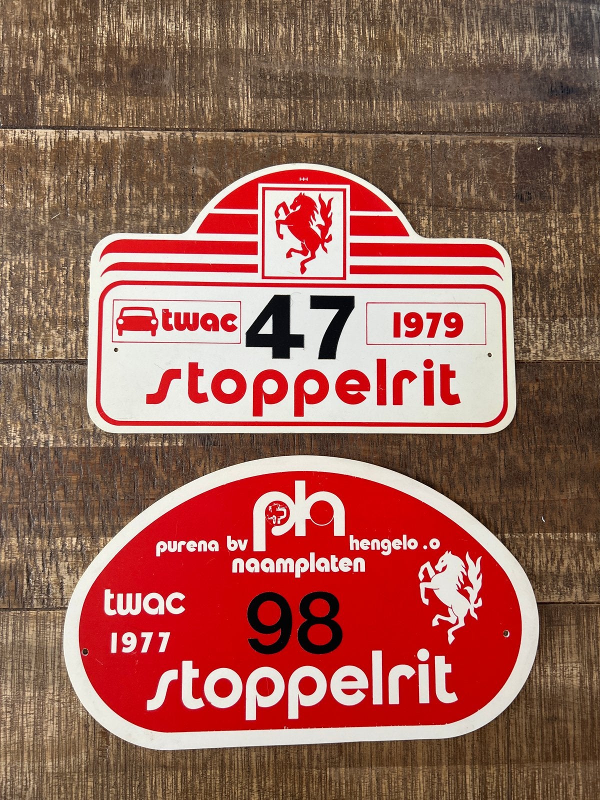 2 Vintage Stoppelrit Rallyborden TWAC 1977 & 1979, Ophalen of Verzenden, Gebruikt