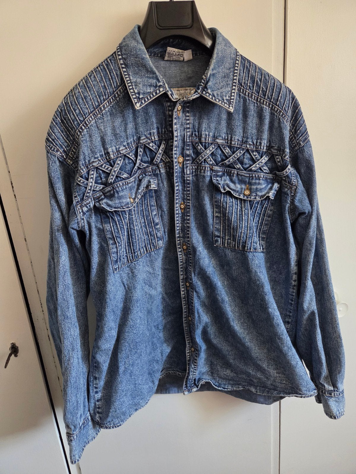 Vintage acid wash denim overhemd denim jacket maat L 41/42, Kleding | Heren, Overhemden, Zo goed als nieuw, Halswijdte 41/42 (L)