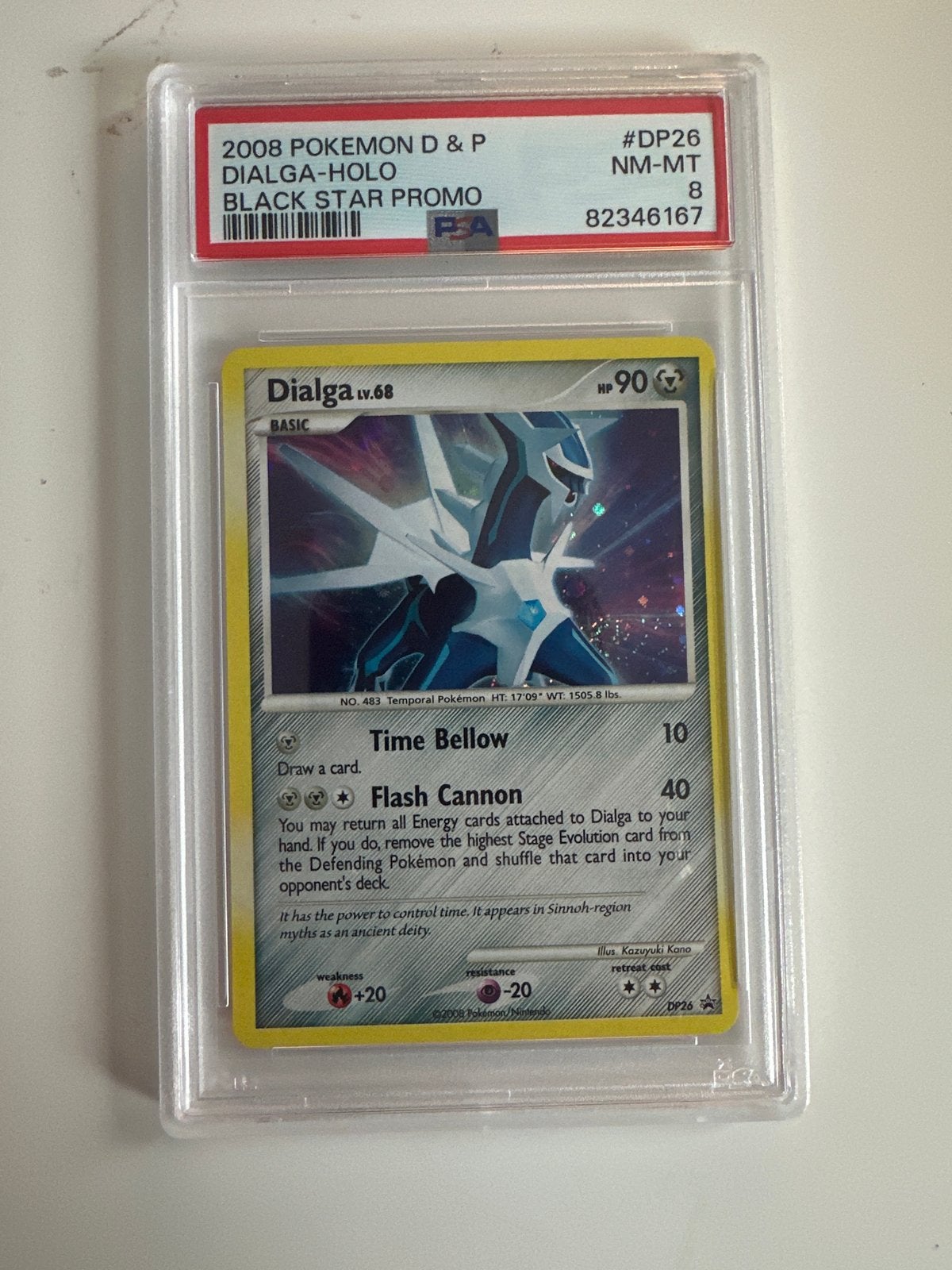 2008 Pokemon D&P Dialga-Holo Black Star Promo PSA 8, Hobby en Vrije tijd, Ophalen of Verzenden, Zo goed als nieuw, Losse kaart