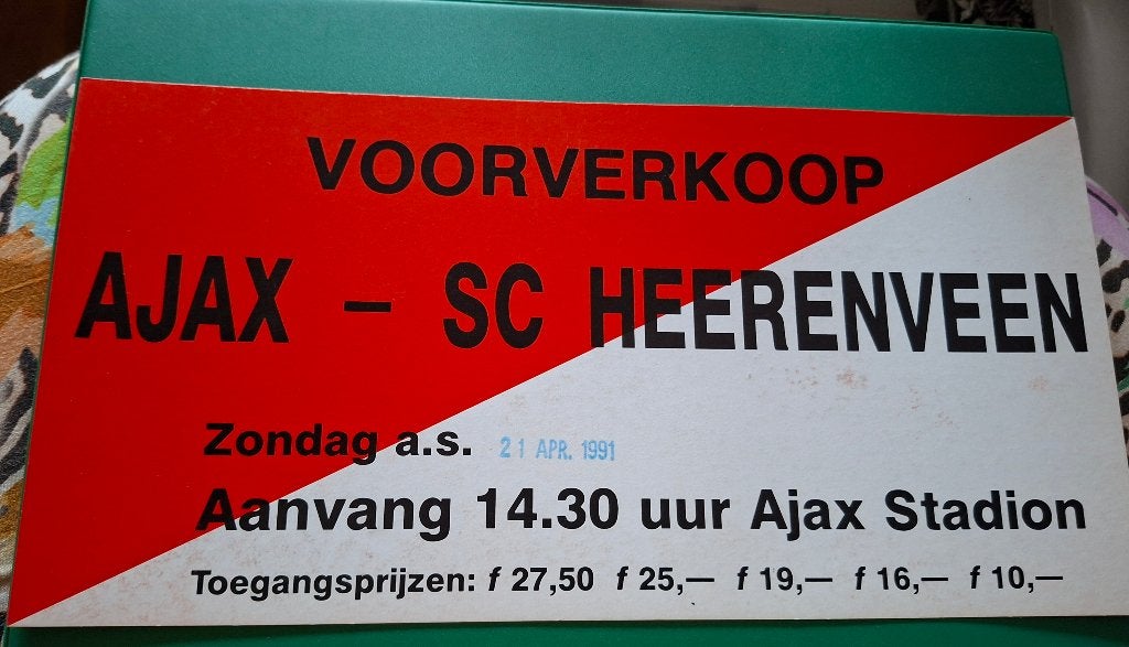 Bordje wedstrijd Ajax -S.C.Heerenveen 21 april 1991, Ophalen of Verzenden, Zo goed als nieuw, Ajax, Poster, Plaatje of Sticker
