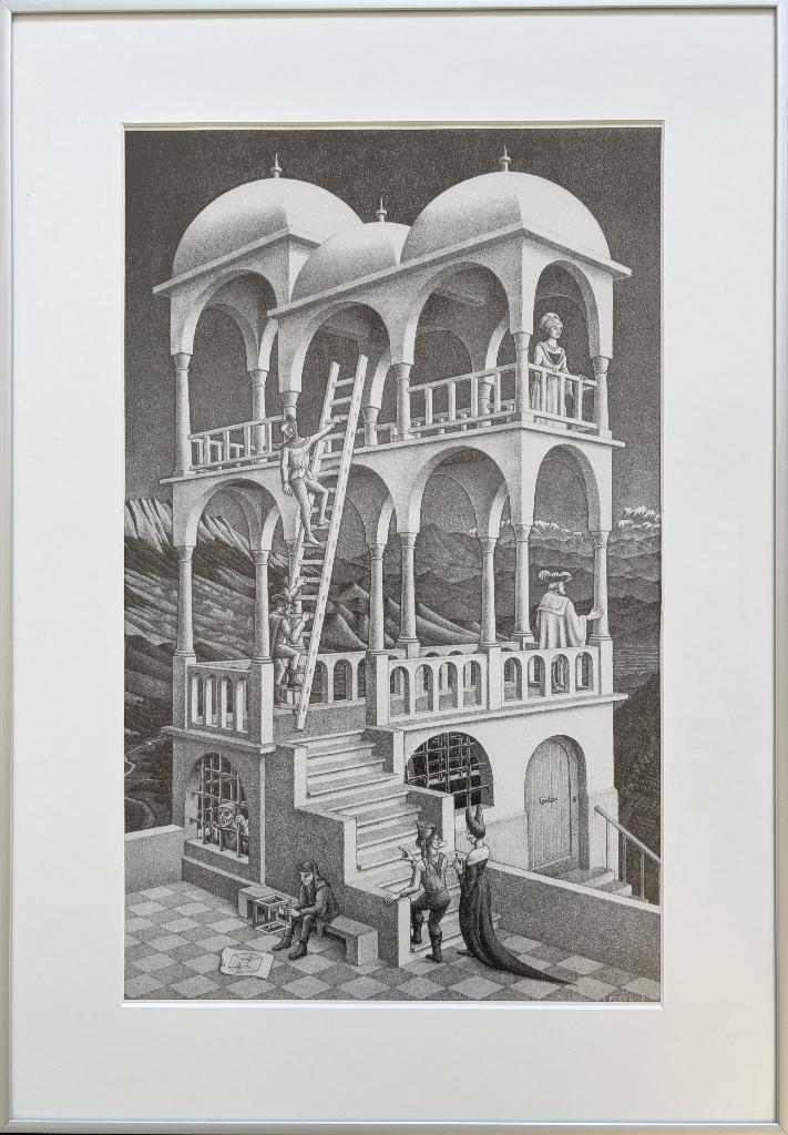 M.C. Escher - Belveder (vintage prent ingelijst), Antiek en Kunst, Ophalen of Verzenden
