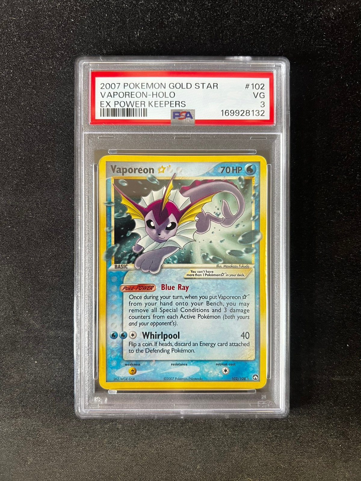 Vaporeon 102 Gold Star Pokemon Kaart PSA 3, Ophalen of Verzenden, Nieuw, Losse kaart, Foil