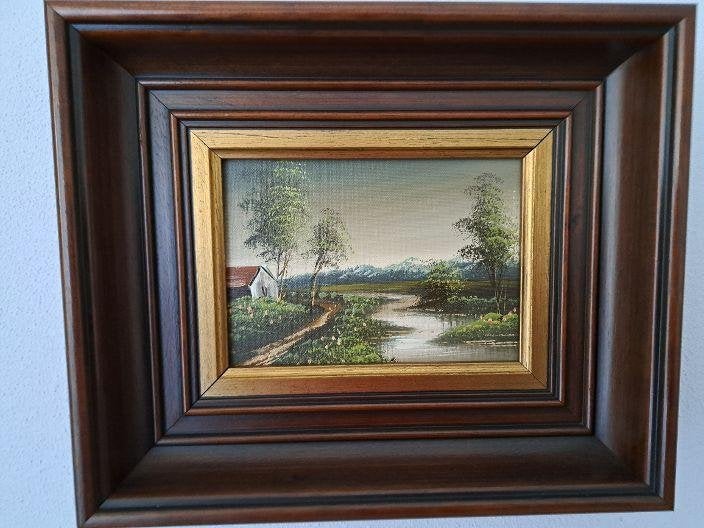 Olieverfschilderij Landschap met Huisje en Rivier, Doek, Ophalen of Verzenden, Landschap, Olieverf