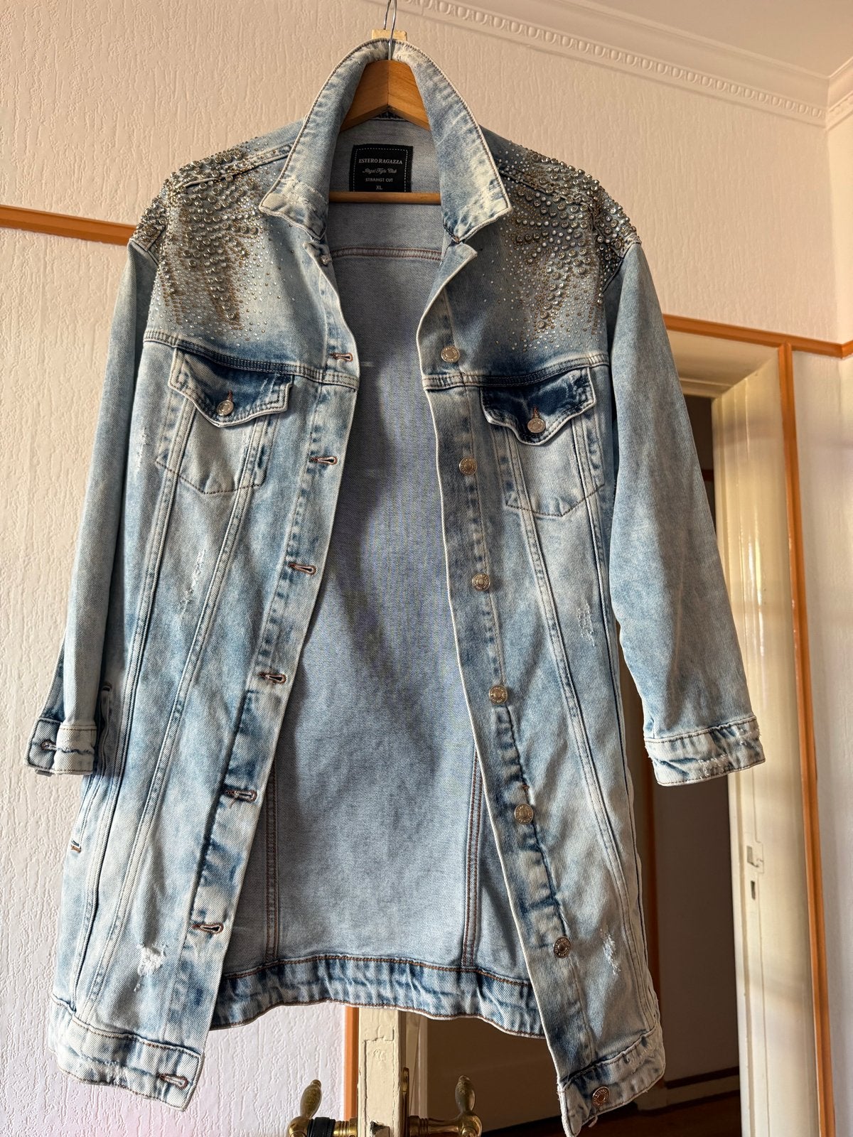 Lange spijkerjas met studs en strass - Estero Ragazza, Verzenden, Zo goed als nieuw, Maat 46/48 (XL) of groter, Blauw