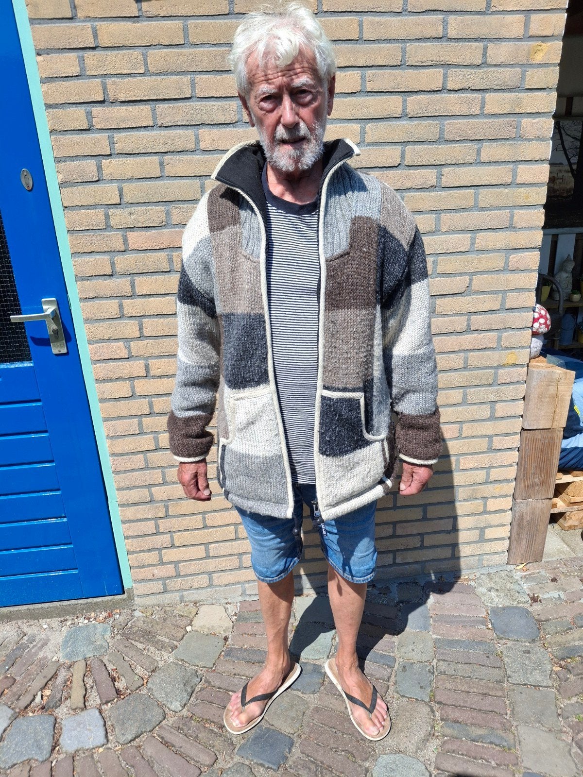 Unieke gebreide jas met patchwork design, Ophalen, Meerkleurig, 100% wol, Overige maten