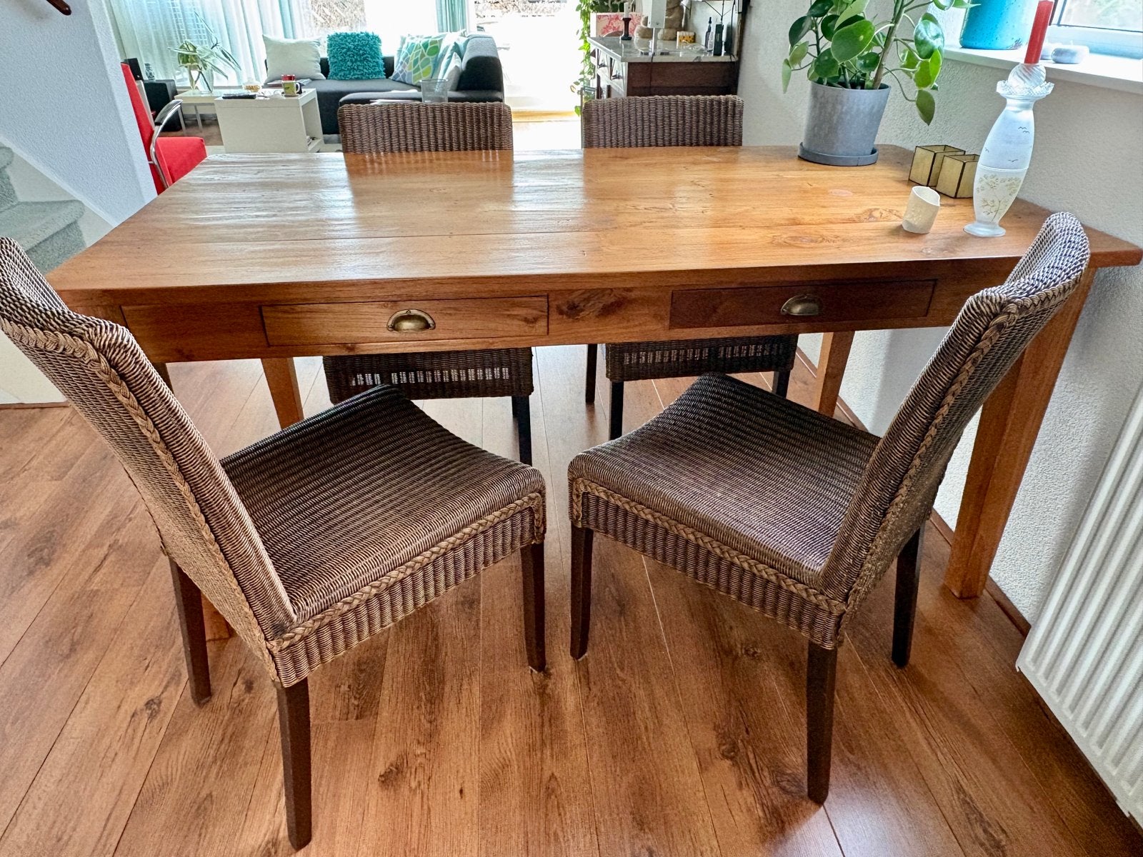 Eettafel met 4 Loom stoelen - Teak en rotan, Huis en Inrichting, Stoelen, Ophalen, Gebruikt, Bruin, Vier