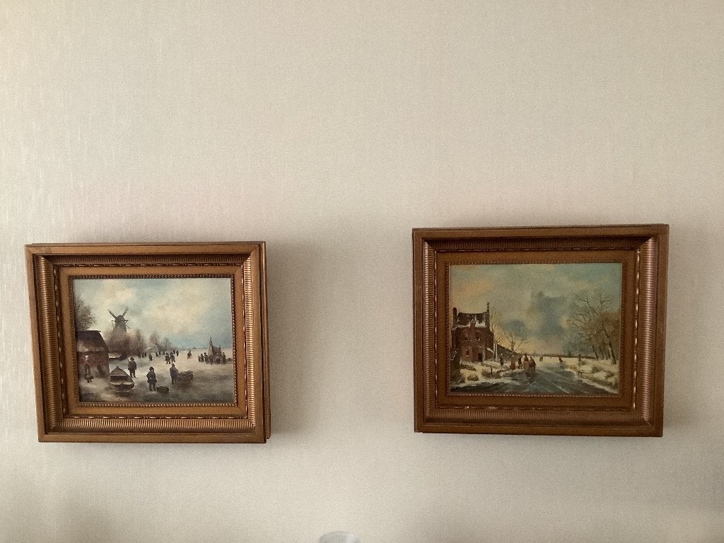 2 sneeuw landschappen 42cm Br + 36cm H, Antiek en Kunst, Kunst | Schilderijen | Klassiek, Ophalen of Verzenden