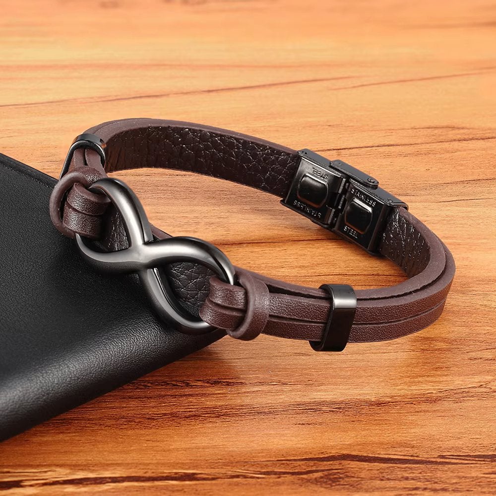 Bruine Leren Stalen Infinity Heren Armband, Verzenden, Nieuw, Bruin, Leer