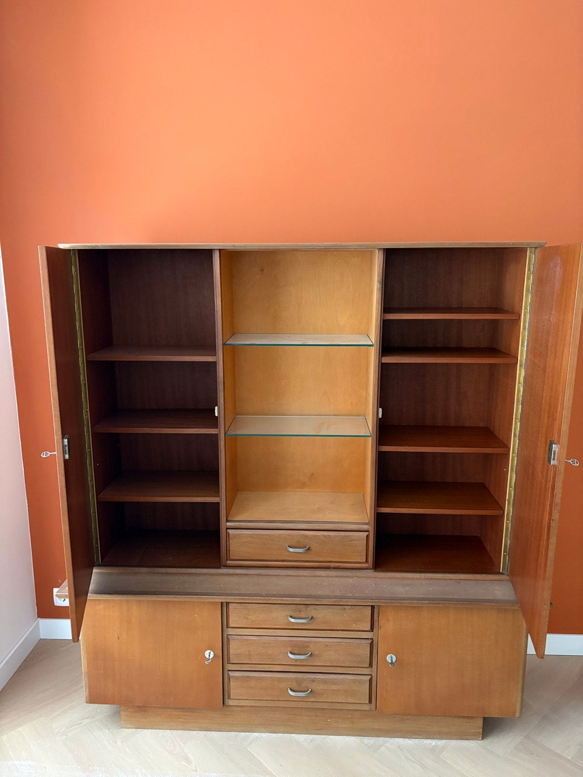 Vintage houten kast met lades en deuren, Gebruikt, 100 tot 150 cm, Ophalen of Verzenden, Met lade(s)