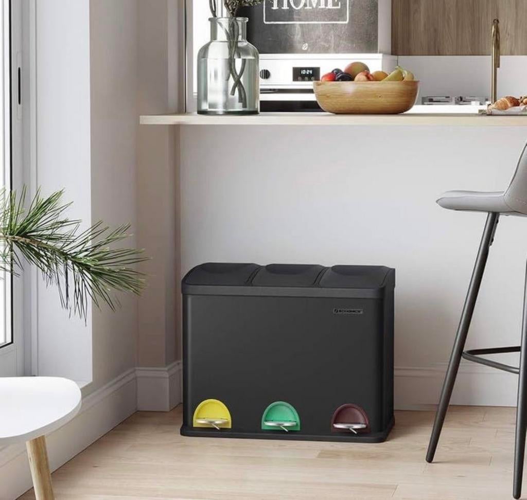 Prullenbak met 3 vakken - 45L - Zwart - Pedaalemmer NIEUW, Kunststof, Met pedaal, Nieuw, 40 liter of meer