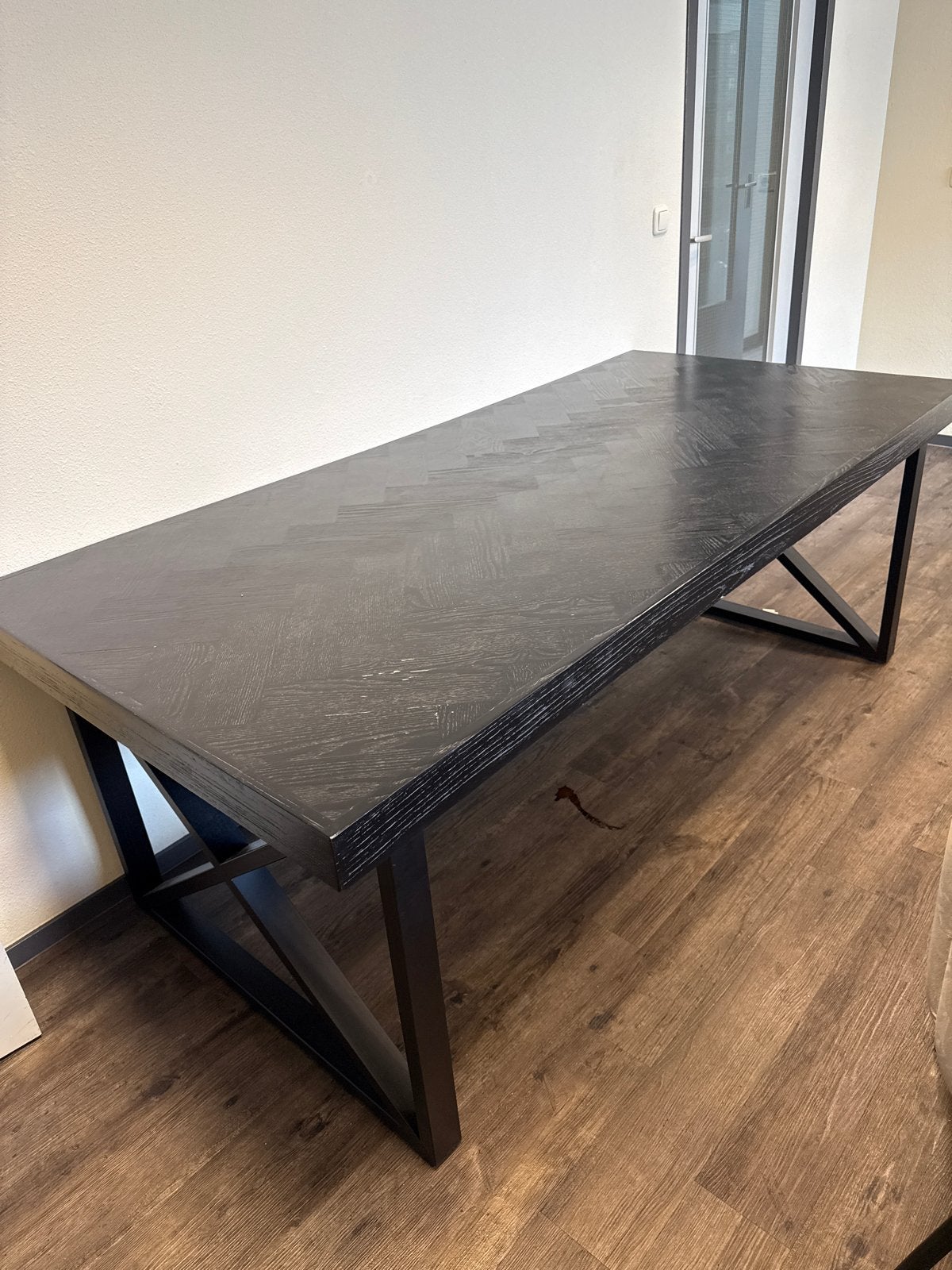 Prachtige visgraat tafel met stalen poten - Dubbel Man Desig, Ophalen, Gebruikt, 200 cm of meer, 50 tot 100 cm