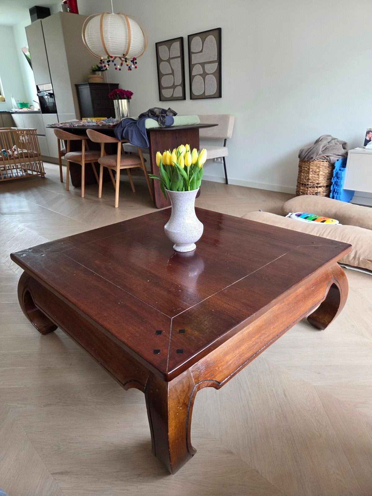 Massief houten opiumtafel 100x100 cm – koloniale/Aziatische, Huis en Inrichting, Tafels | Salontafels, Gebruikt, Minder dan 50 cm