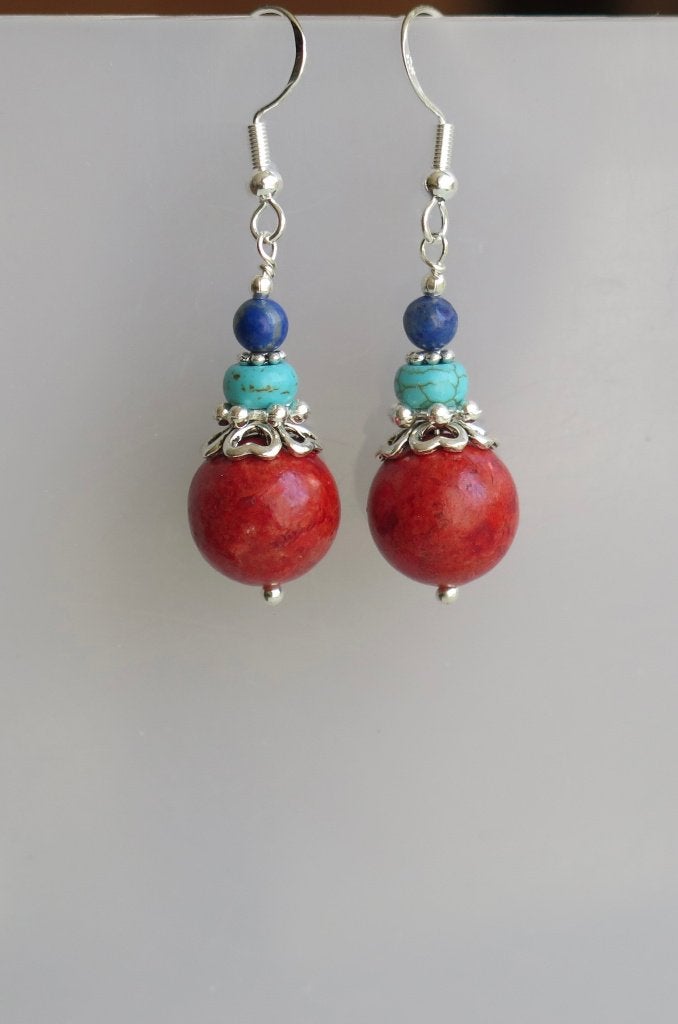 Prachtige oorbellen, Sponskoraal, Howliet turquoise, Lapis, Hangers, Verzenden, Nieuw, Met edelsteen