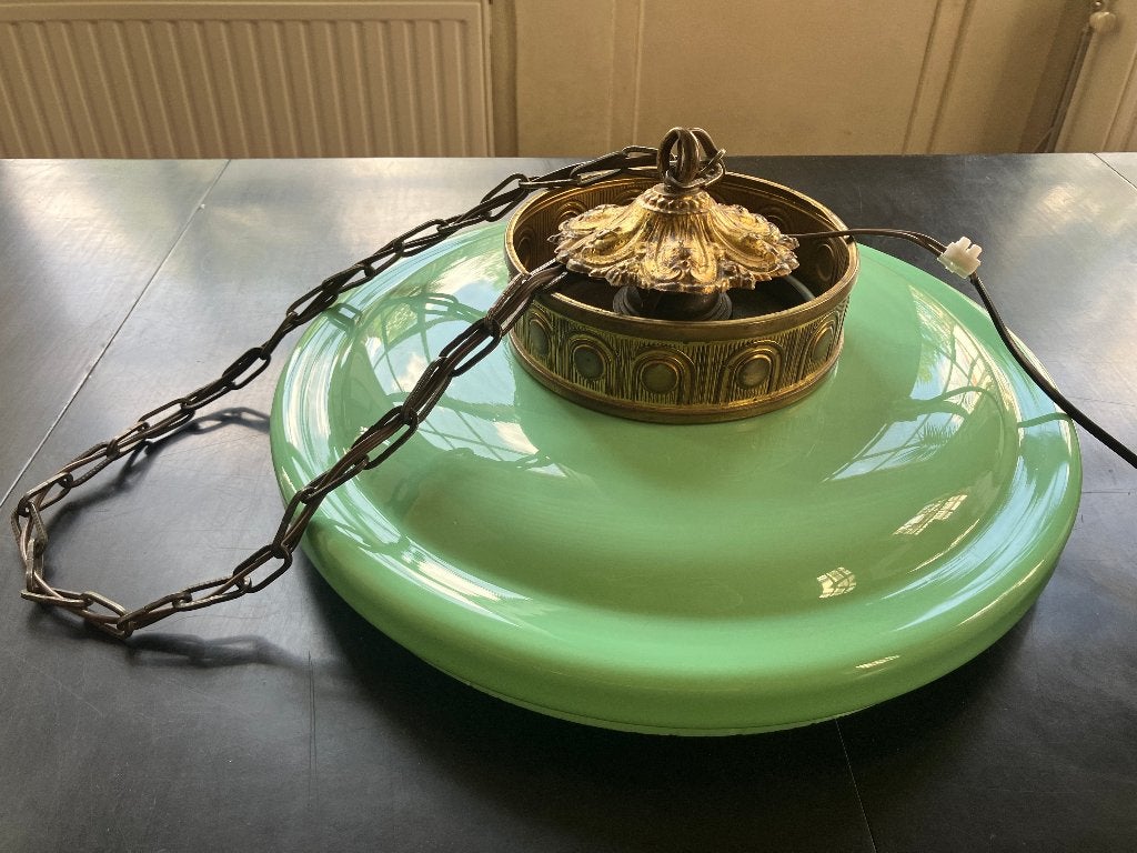 Glazen vintage Art deco lamp turquoise  - diamater +- 45 cm, Ophalen