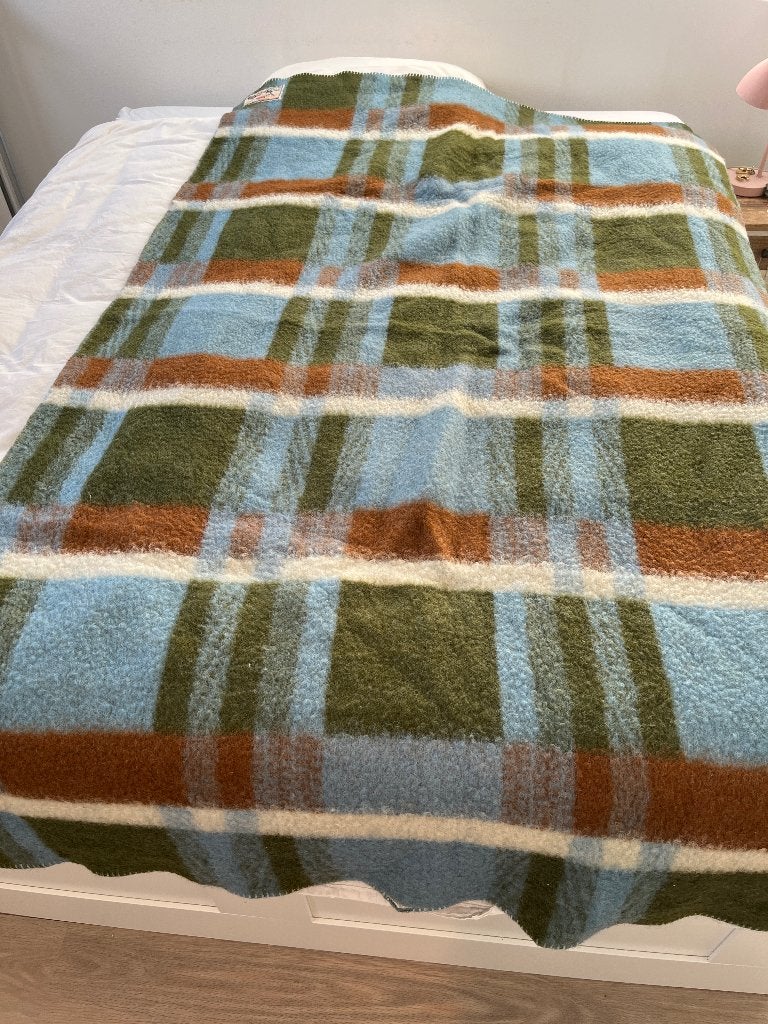 Vintage AaBe wollen 1-persoons deken - blauw, groen, bruin, Gebruikt, 193 cm, Wol, Ophalen of Verzenden