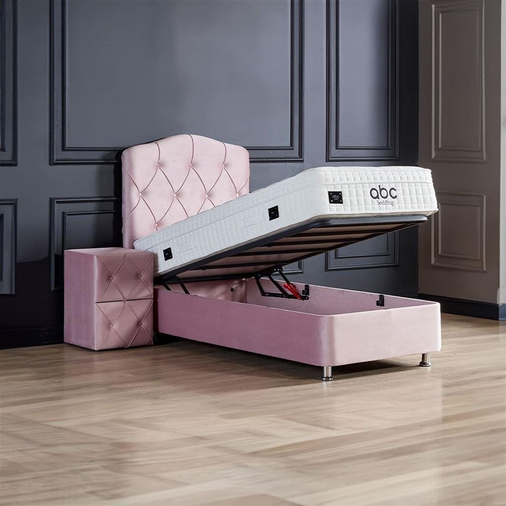 Boxspring Opbergbed Juliet roze 1-persoons, 90 cm, Verzenden, Grijs, Hout
