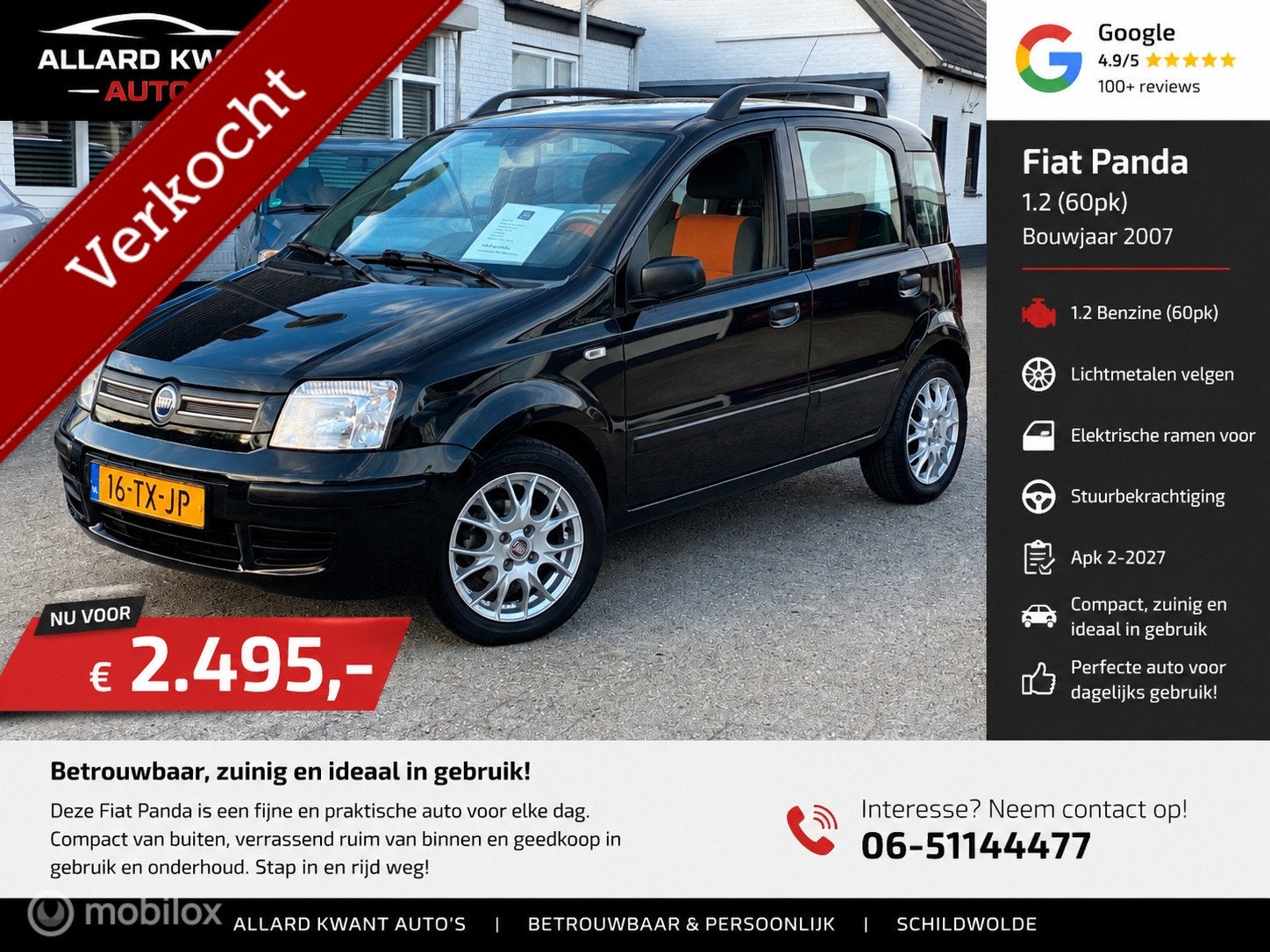 Fiat Panda 1.2 (60pk) Hoogzitter / Zuinig / Trekhaak/88.Dkm, Auto's, Voorwielaandrijving, Gebruikt, Elektrische ramen, Zwart