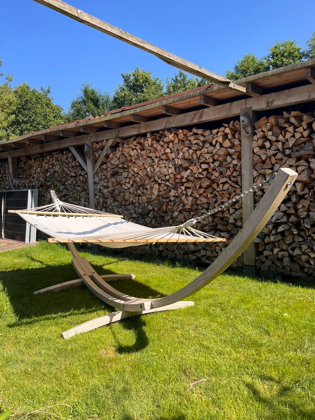 Houten hangmat standaard in white wash met hangmat, Tuin en Terras, Hangmatten, Ophalen, Gebruikt, Met standaard, Eenpersoons