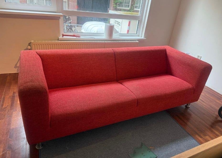 Bank met oranje bekleding, Ophalen, Gebruikt, Driepersoons, 75 tot 100 cm