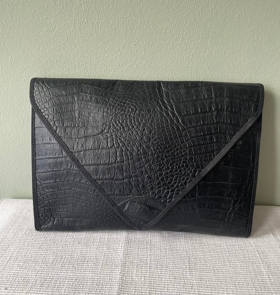 Vintage leren clutch met krokodillen print., Ophalen of Verzenden, Gebruikt, Zwart, Avondtasje