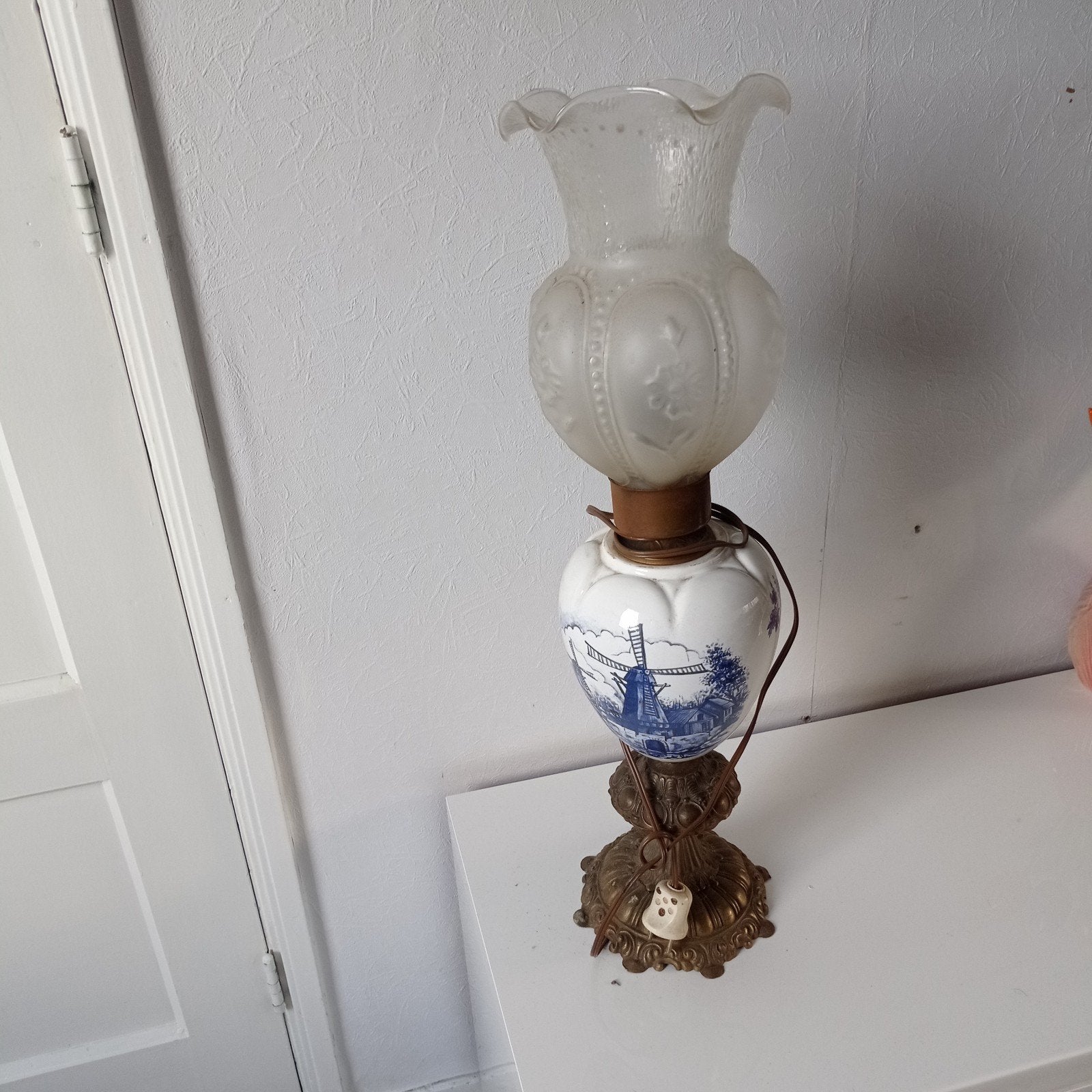 Te koop Vintage Hollandse brons Delft tafel lamp 64 cm, Antiek en Kunst, Antiek | Lampen, Ophalen of Verzenden
