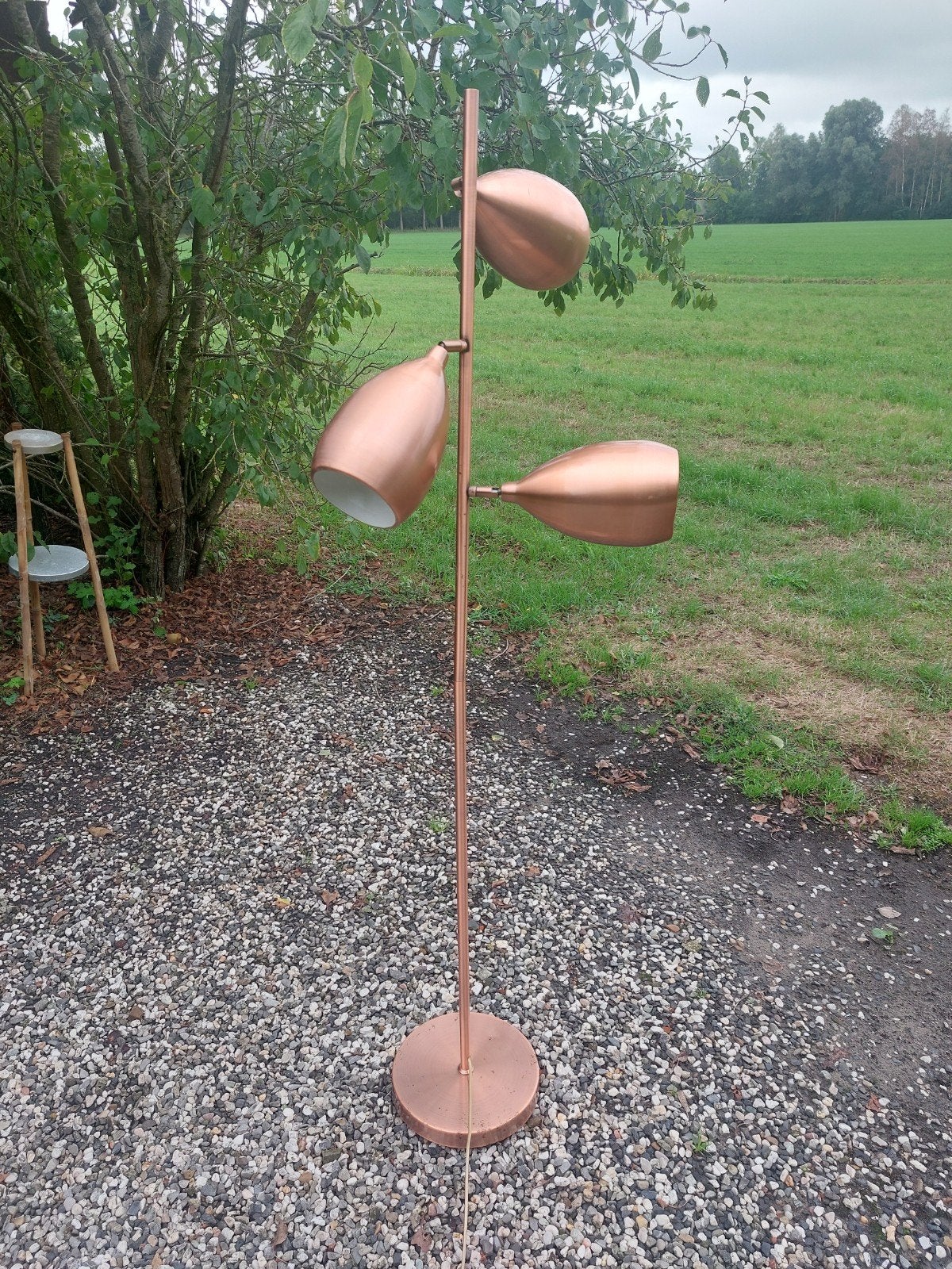 Vintage koperen staande lamp met 3 verstelbare spots, Huis en Inrichting, Gebruikt, Vintage, Retro, Industrieel, Metaal, 150 tot 200 cm