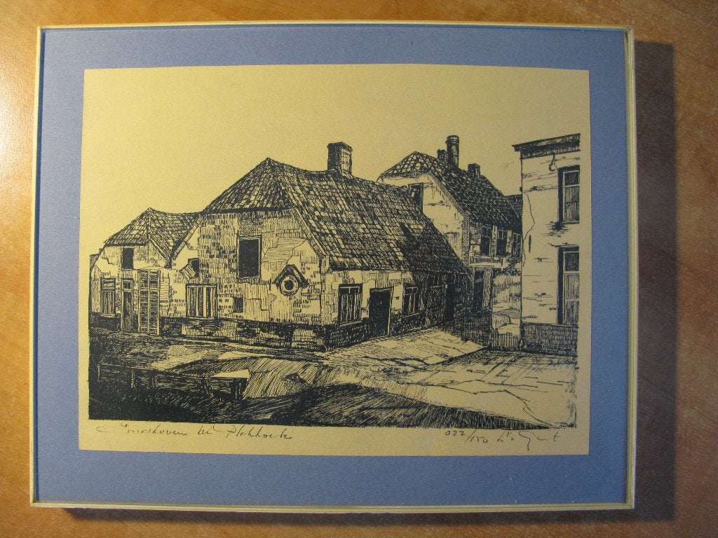 herdruk ets L. van Gent, Plekhoek Eindhoven in 1926, Gebruikt, Ophalen of Verzenden, Gebouw, Voor 1940