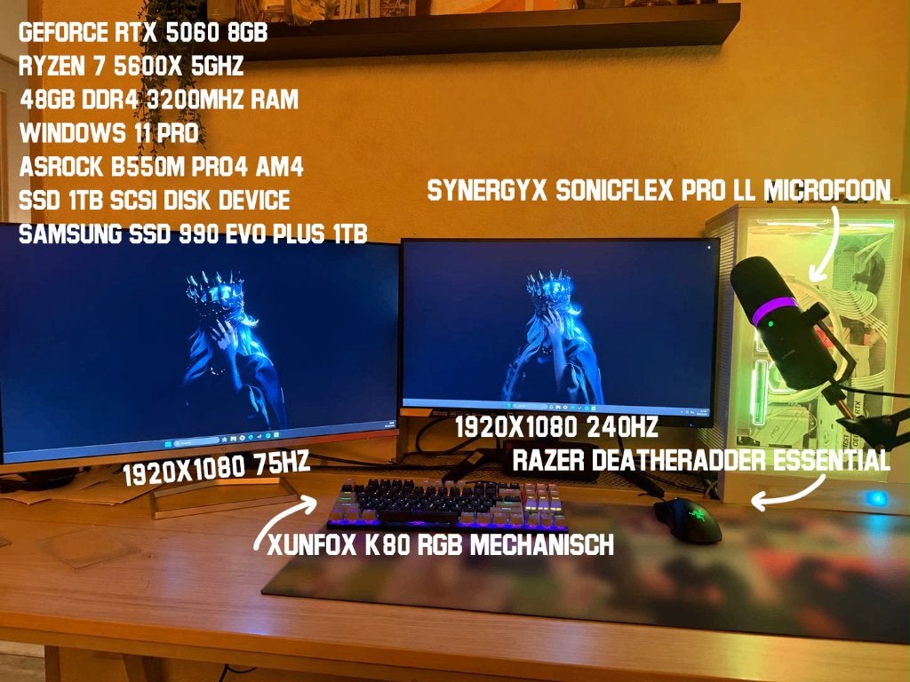 Complete Setup – RTX 5060 | Ryzen 7 | 2 Monitoren, 32 GB, Zelf gebouwde pc, Ophalen of Verzenden, Zo goed als nieuw