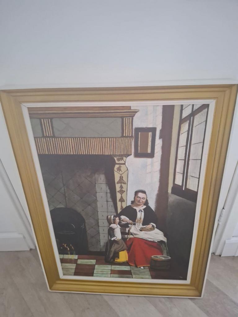 Oud schilderij: Vrouw met kind bij de open haard, Ophalen of Verzenden, Zo goed als nieuw