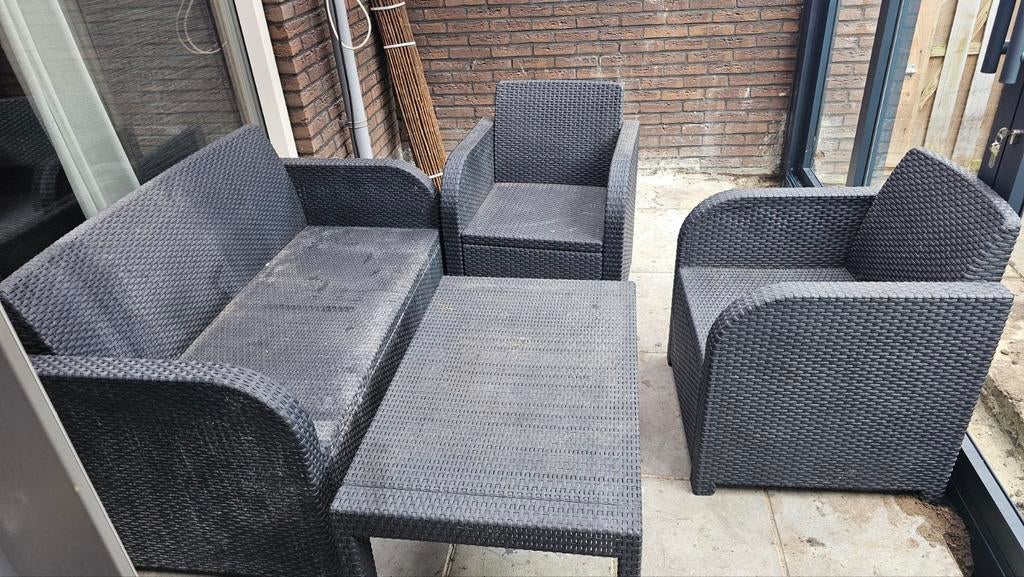 Wicker Tuinbankstel met 2 Fauteuils en Bijzettafel, 4 zitplaatsen, Gebruikt, Ophalen of Verzenden, Bank