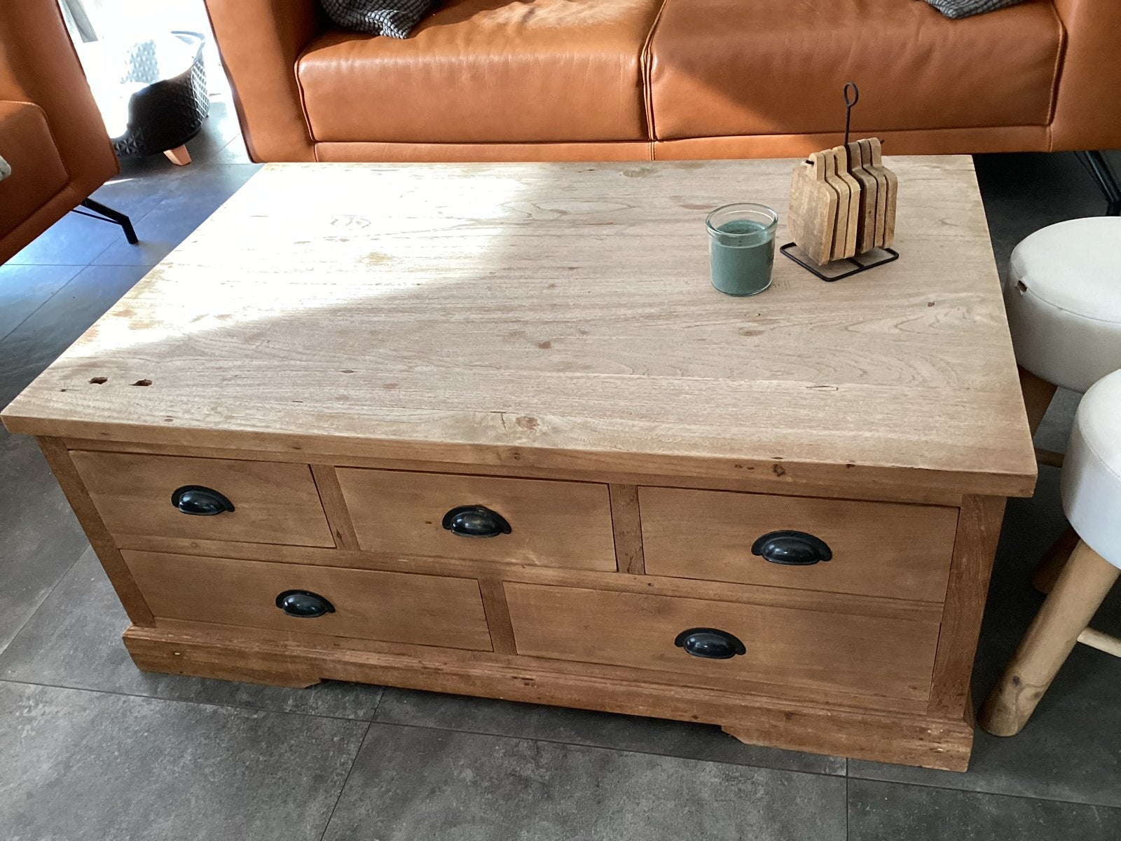 Teak houten salontafel met 10 lades en veel opbergruimte, Gebruikt, 100 tot 150 cm, Teakhout, 50 tot 100 cm