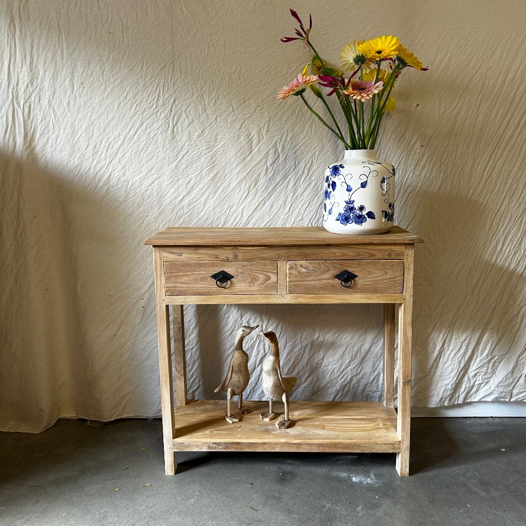 Sidetable - 80 x 30 cm - 2 lades - massief teak - TTM Wonen