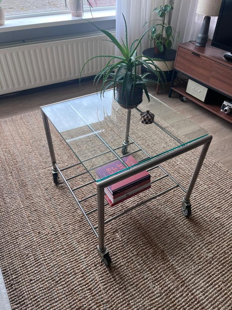Vintage glazen tafel/ rolkar, Ophalen, 50 tot 100 cm, 50 tot 75 cm, Vintage