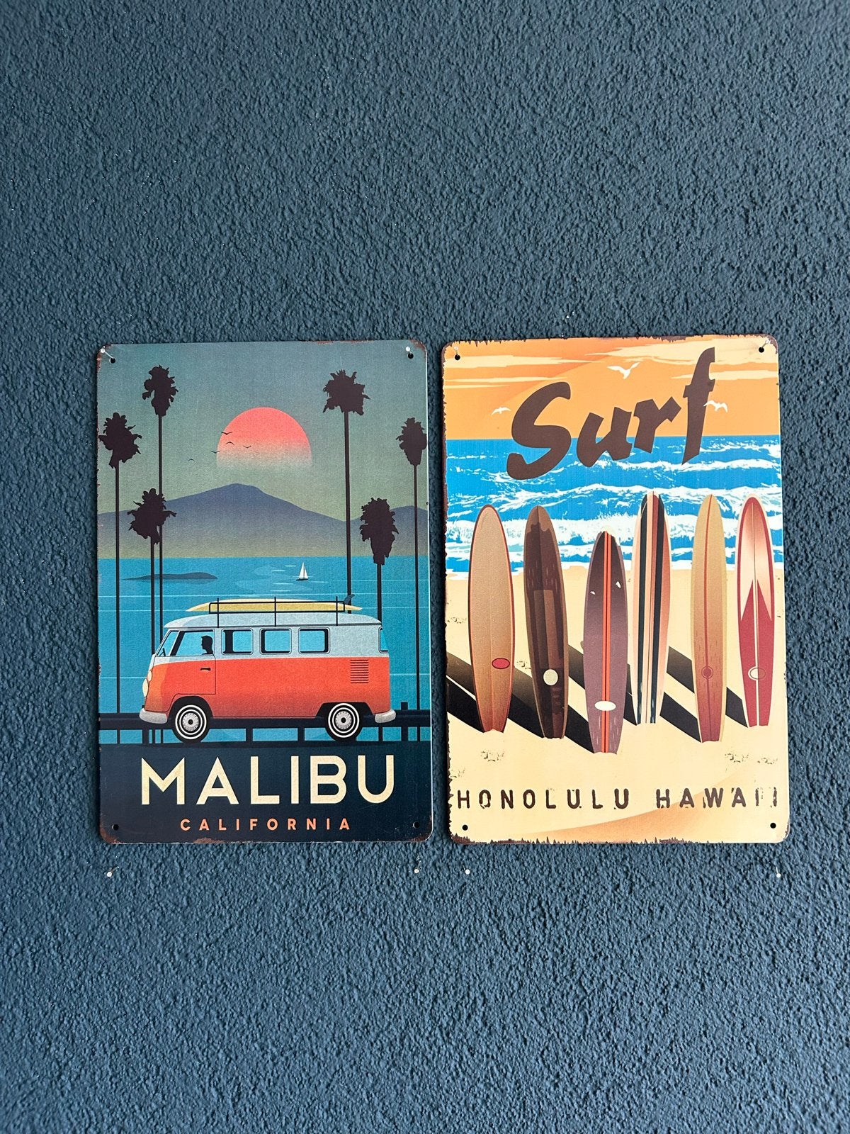 Metalen borden 20x30 cm - Malibu & Surf Honolulu, Vintage, Gebruikt, Meerkleurig, Ophalen of Verzenden