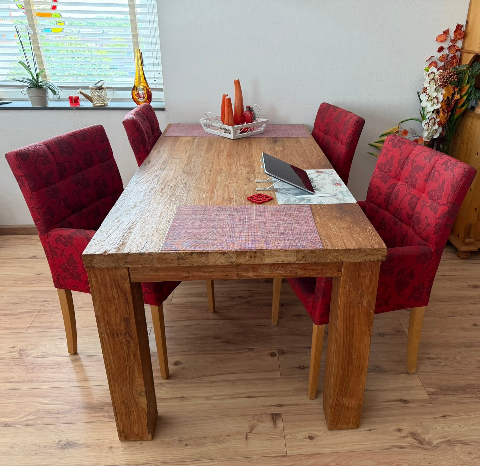 Eettafel + 4 stoelen, 1.80 lang, 90 breed., Ophalen, Gebruikt, Teakhout, 50 tot 100 cm