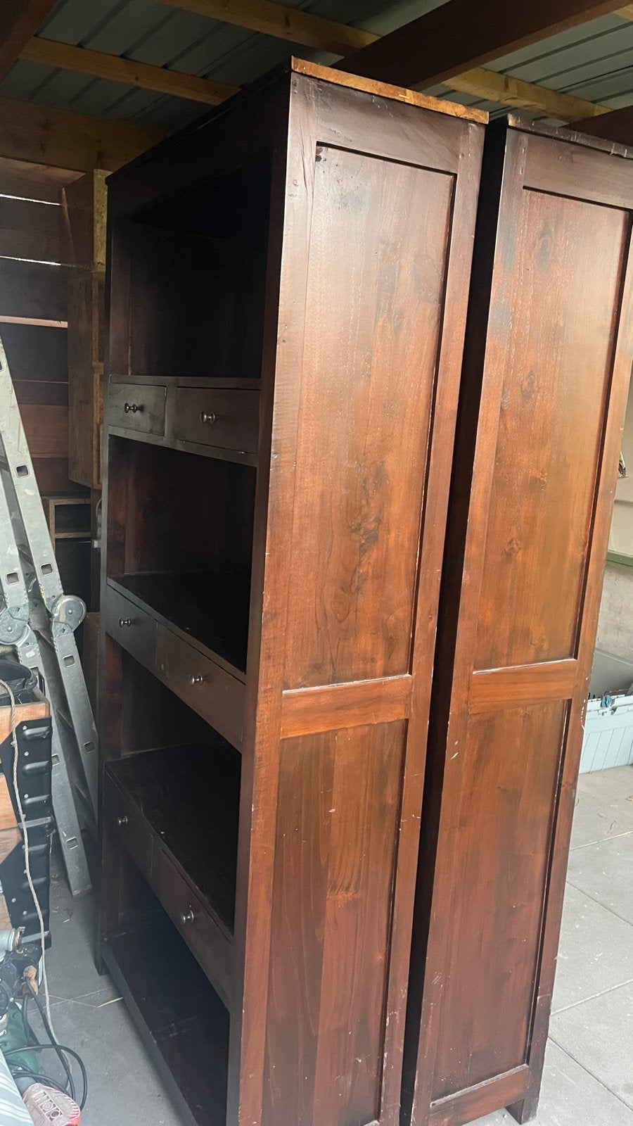 2 identieke Donkerbruine Boekenkasten met Lades en Planken, Gebruikt, 50 tot 100 cm, Met lade(s), 150 tot 200 cm