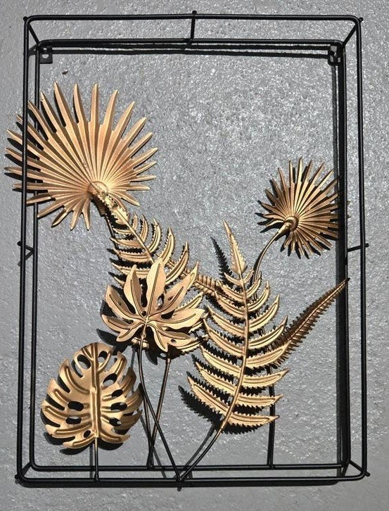 Prachtige Wanddecoratie Metaal Goud Zwart Bladeren 45x33cm, Metaal, Wandsculptuur, Nieuw, Ophalen of Verzenden