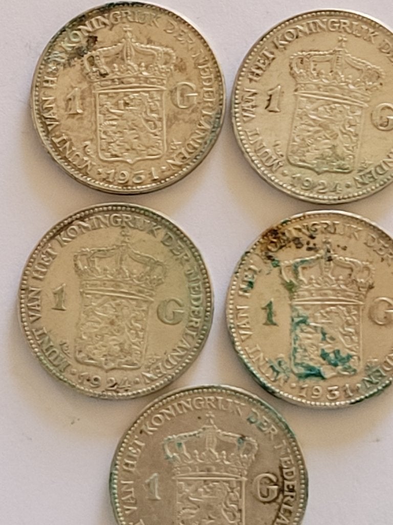 Vijf GULDEN Munten WILHELMINA 1921, 1924 & 1931, Verzenden, Koningin Wilhelmina, 1 gulden, Setje