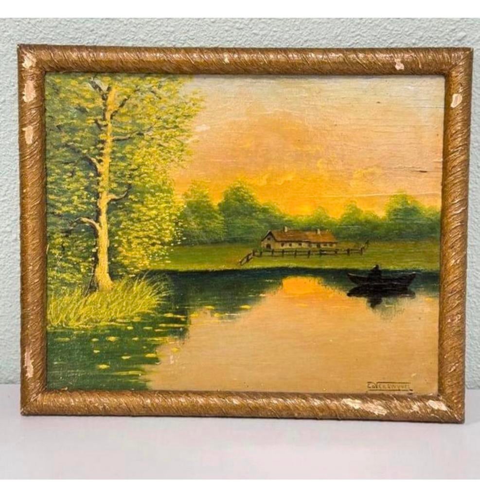 EDVER SWYVEL - Schilderij landschaps scène zonsondergang, Antiek en Kunst, Kunst | Schilderijen | Klassiek, Ophalen of Verzenden