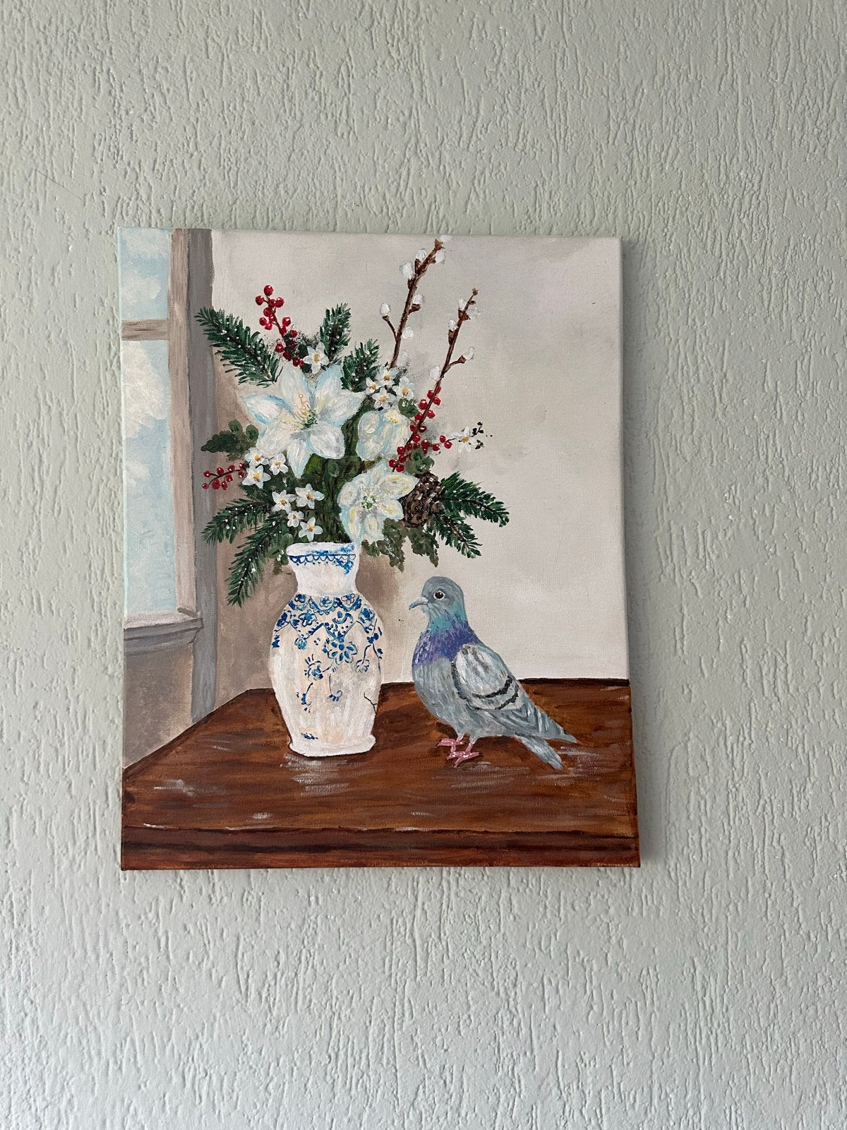 Uniek handgeschilderd stilleven met duif en bloemen, Minder dan 50 cm, Oorspronkelijke maker, Ophalen of Verzenden, Zo goed als nieuw
