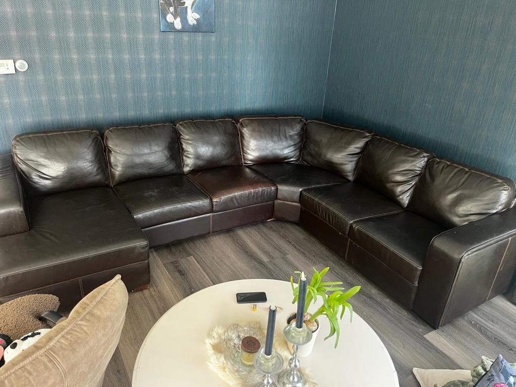 Comfortabel bruin leren hoekbankstel, Ophalen, Gebruikt, 100 tot 125 cm, Hoekbank