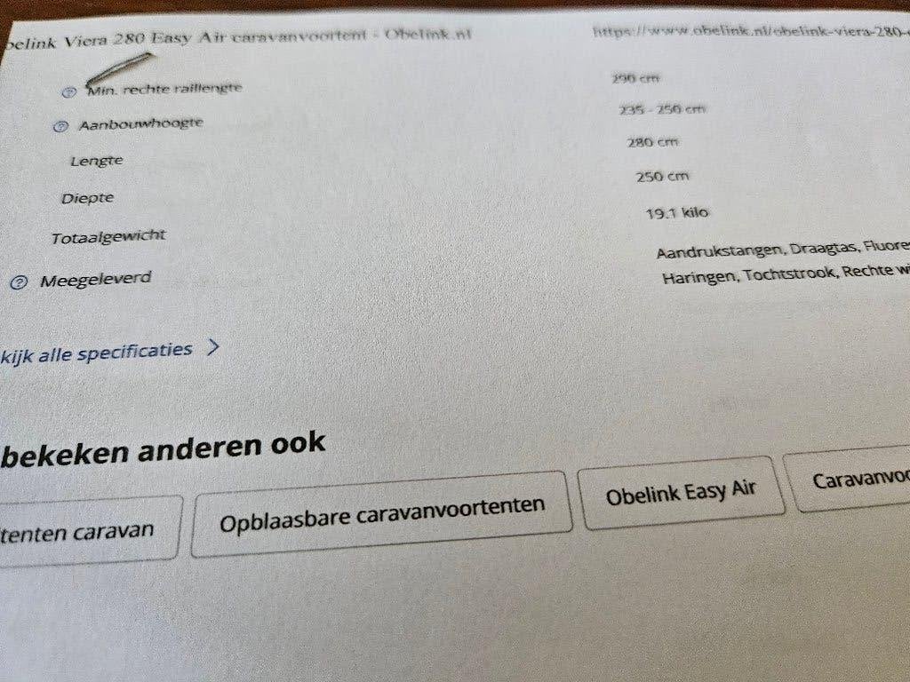 Obelink Viera 280 Easy Air voortent - Zo goed als nieuw, Caravans en Kamperen, Ophalen, Zo goed als nieuw, Overige merken