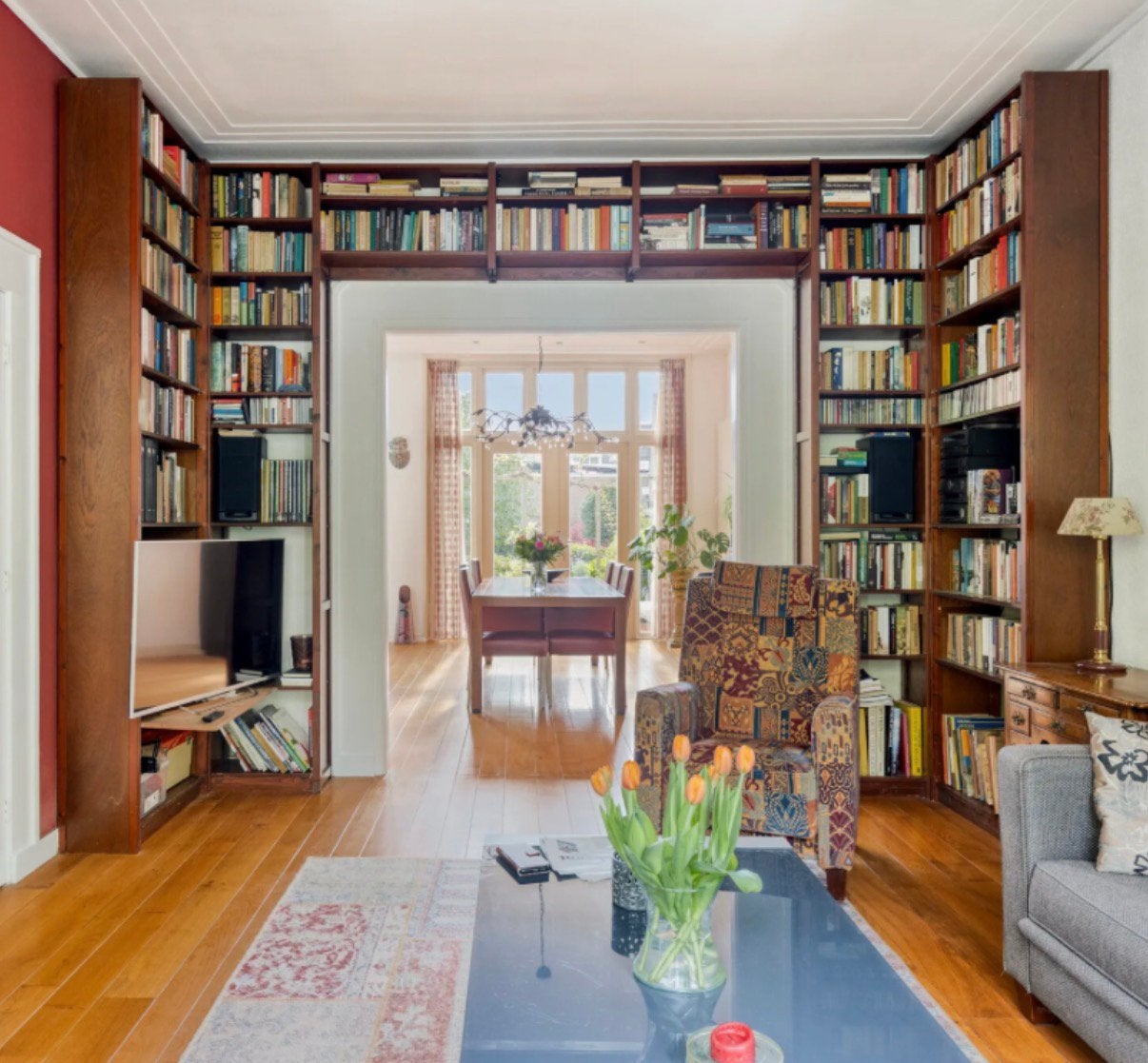 Kersenhouten Boekenkast voor en suite doorgang, Ophalen, Met plank(en), Gebruikt, 200 cm of meer