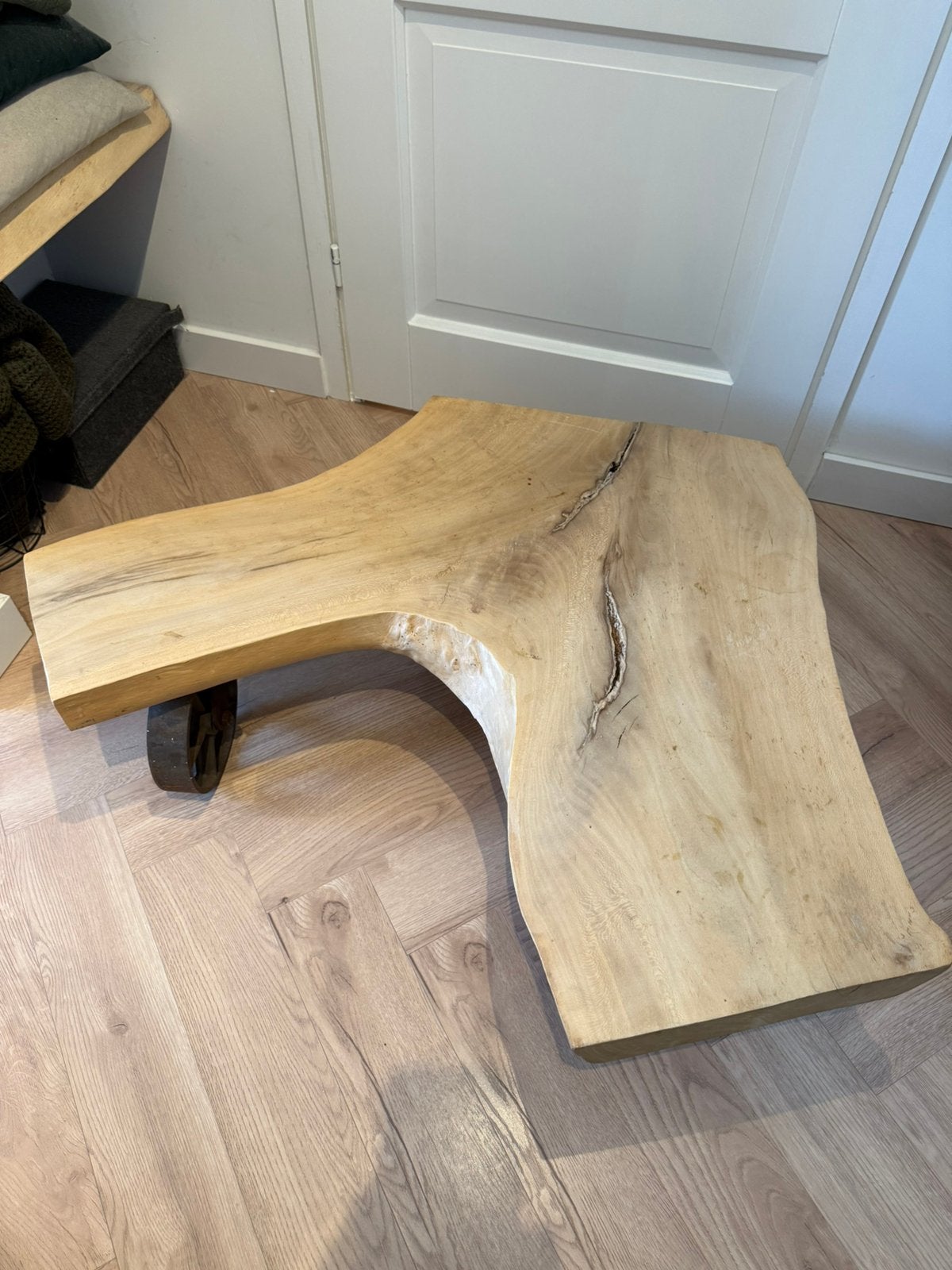 Boomstam salontafel met industriële wielen, Ophalen, Gebruikt, 50 tot 100 cm, 100 tot 150 cm