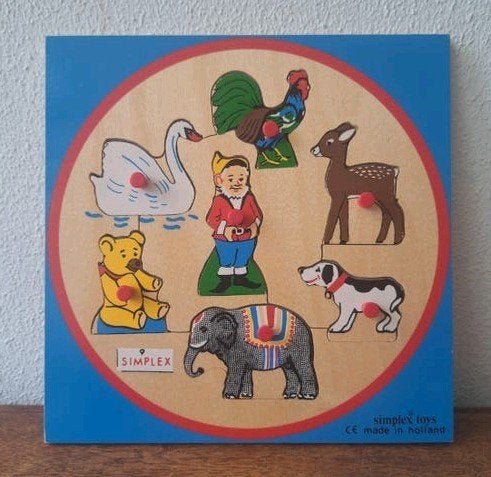 Vintage houten Simplex Toys puzzel Dieren en Kabouter, Ophalen of Verzenden, Zo goed als nieuw