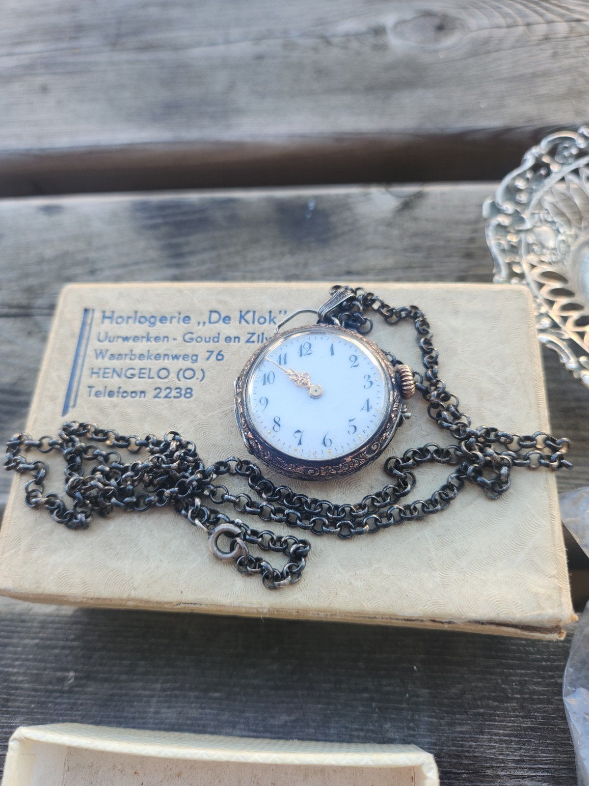 Antiek Zilveren Zakhorloge met Ketting - Uniek Design, Ophalen of Verzenden, Zilver