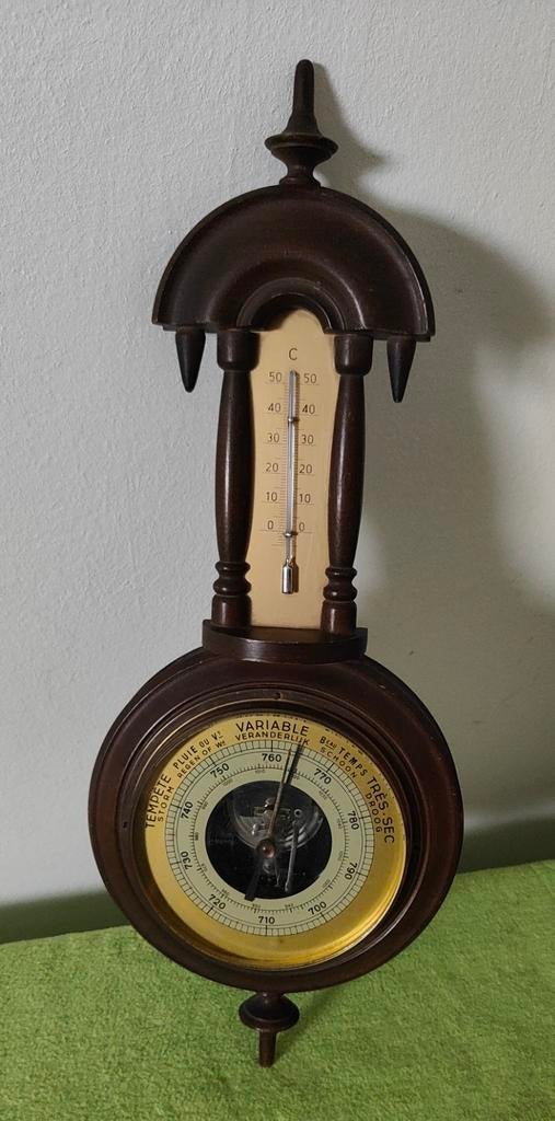 Vintage Barometer en Thermometer - Houten Weerstation, Audio, Tv en Foto, Weerstations en Barometers, Ophalen of Verzenden, Gebruikt