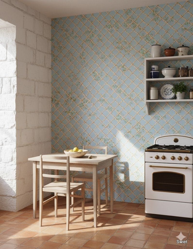 6703 vintage blauw behang met ranken en klimop swiet , Ophalen of Verzenden, Blauw
