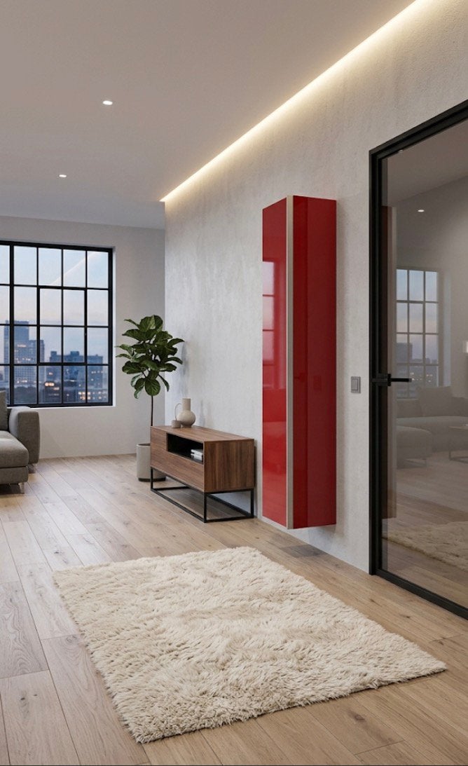 Hoge kast met deur hoogglas rood 40x35x195 cm, Huis en Inrichting, Kasten | Wandmeubels, Ophalen, Met plank(en), Zo goed als nieuw