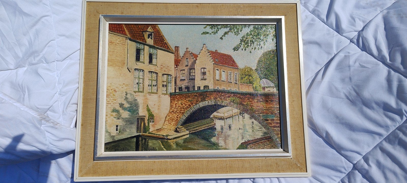 Schilderij Brugge: Charmant Stadsgezicht met Brug, Ophalen of Verzenden